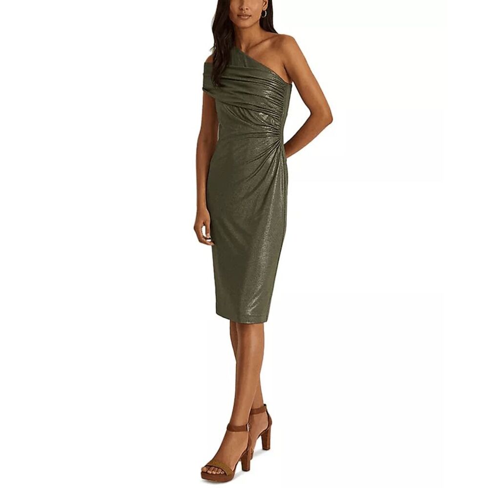 Lauren Ralph Lauren Women's Shimmer One Shoulder Dress - Olive  6